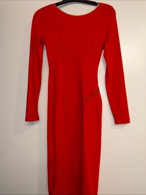 Red Long-Sleeve Sheath Dress with Gold Trim